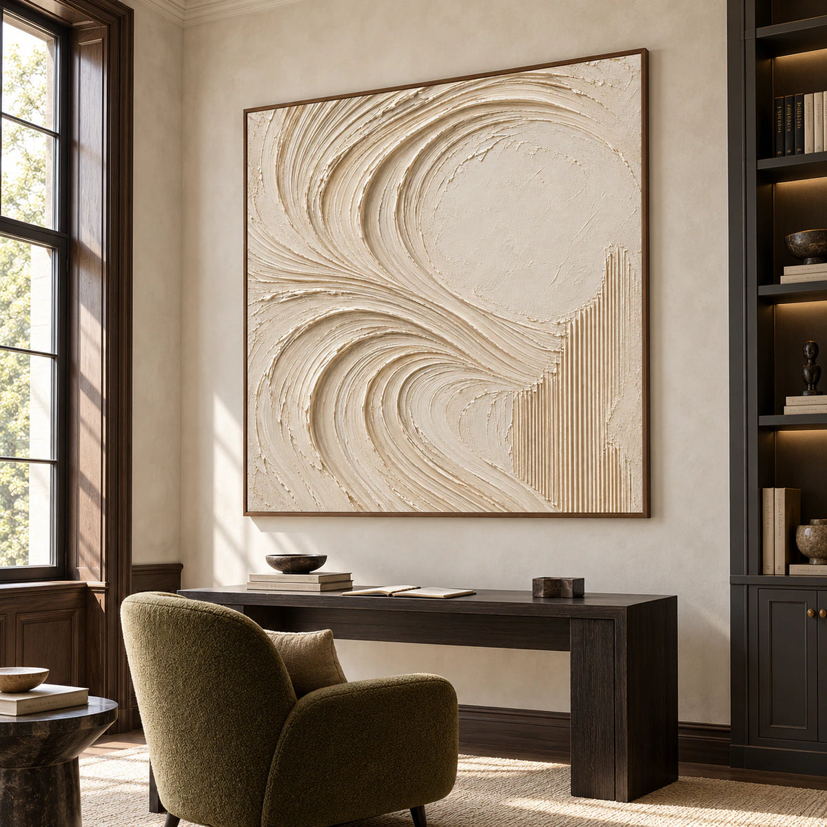 Large square ivory abstract painting above a slim dark desk, viewed from the right at standing height, with graphite shelves, an olive reading chair and a broad window.