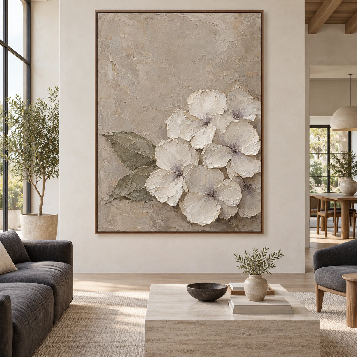 Large straight-on room with the Ivory-Quiet vertical floral painting as the focal point.