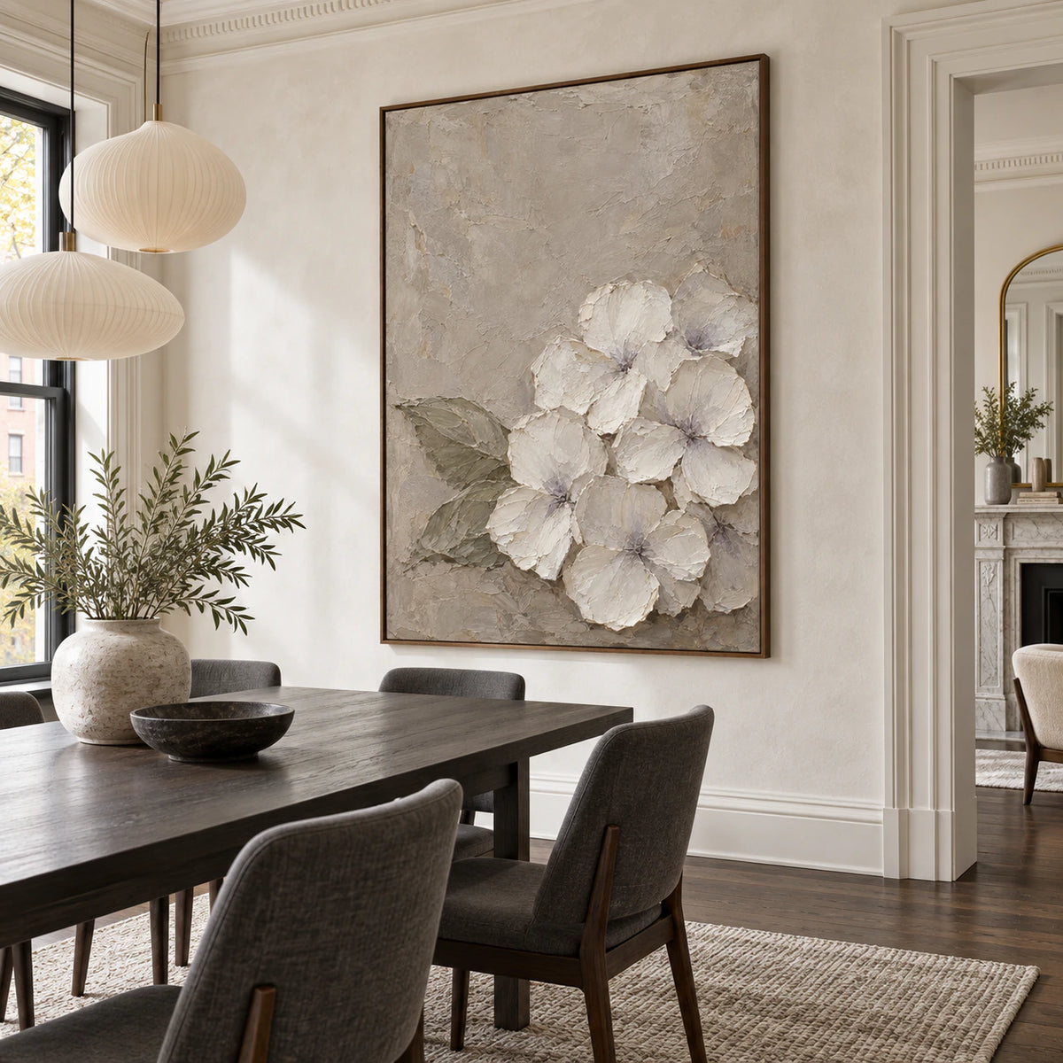 Refined dining room featuring the Ivory-Quiet floral painting at large scale.
