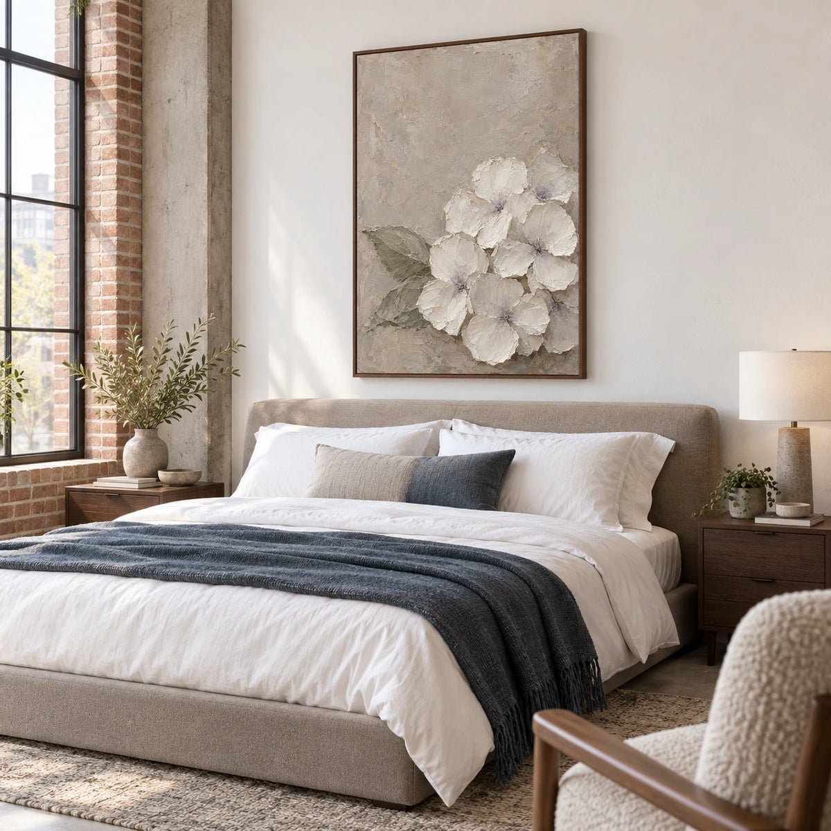 Quiet bedroom with the Ivory-Quiet painting above a low upholstered bed.