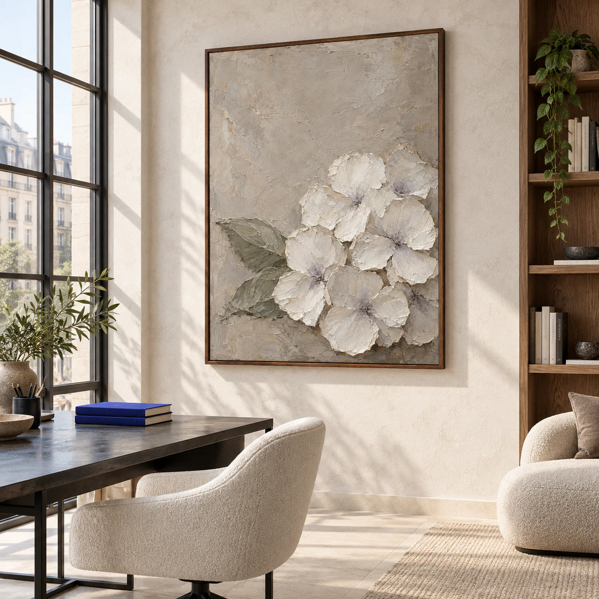 Airy reading space with the Ivory-Quiet floral painting as the focal point.