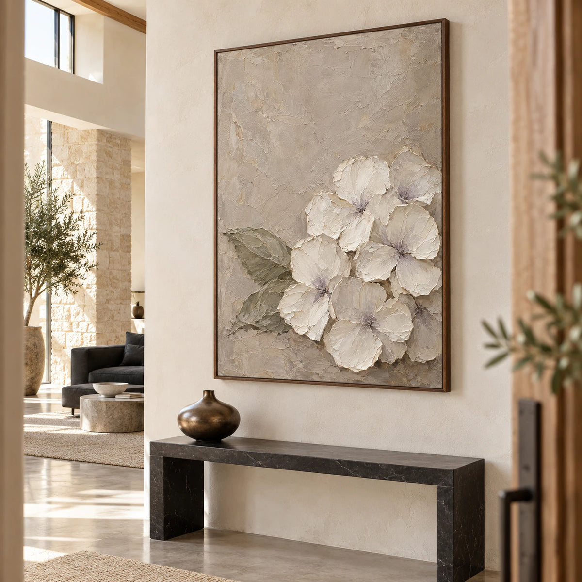 Gallery-scale foyer displaying the Ivory-Quiet vertical painting.