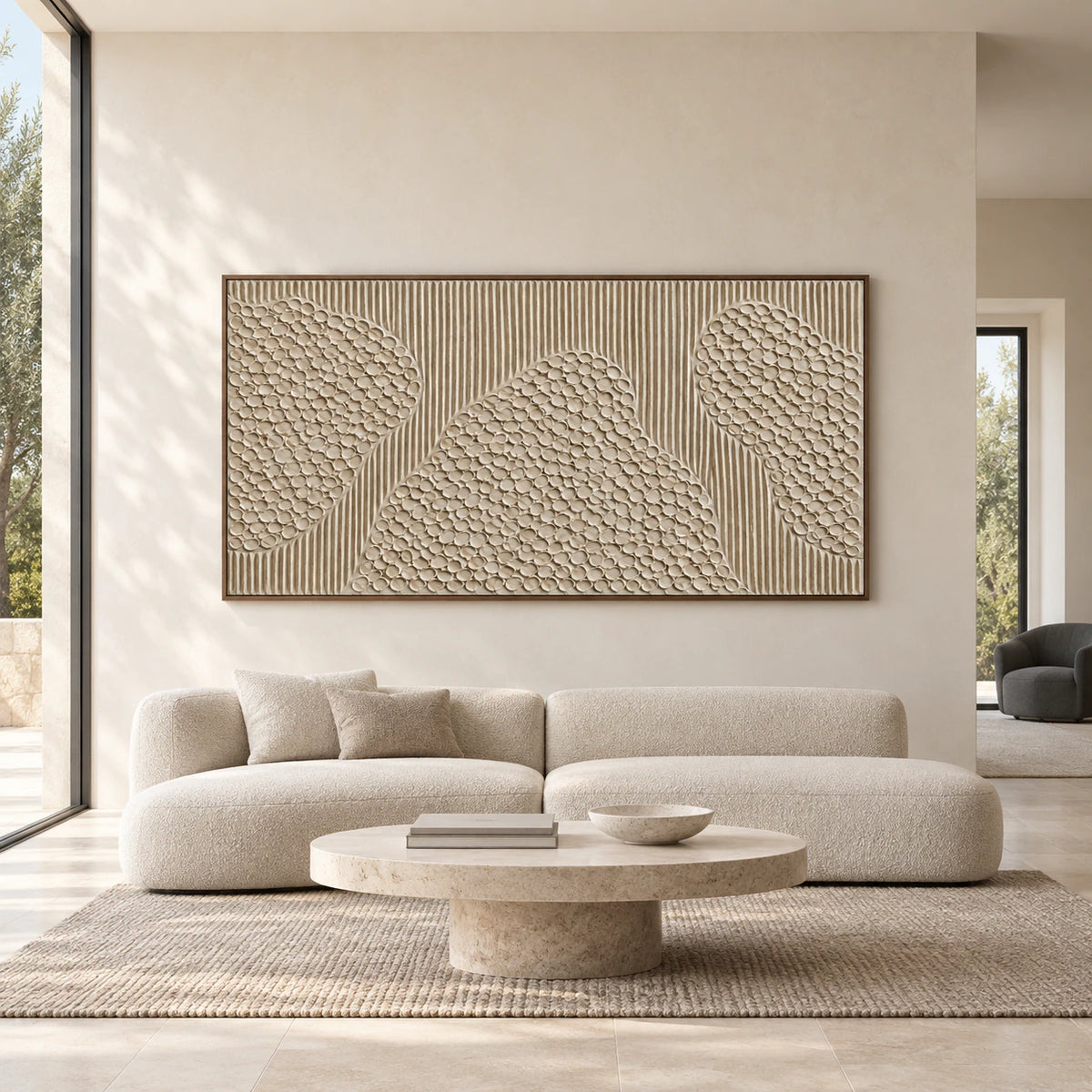 Large off-white textured abstract painting displayed straight-on in a spacious contemporary interior.
