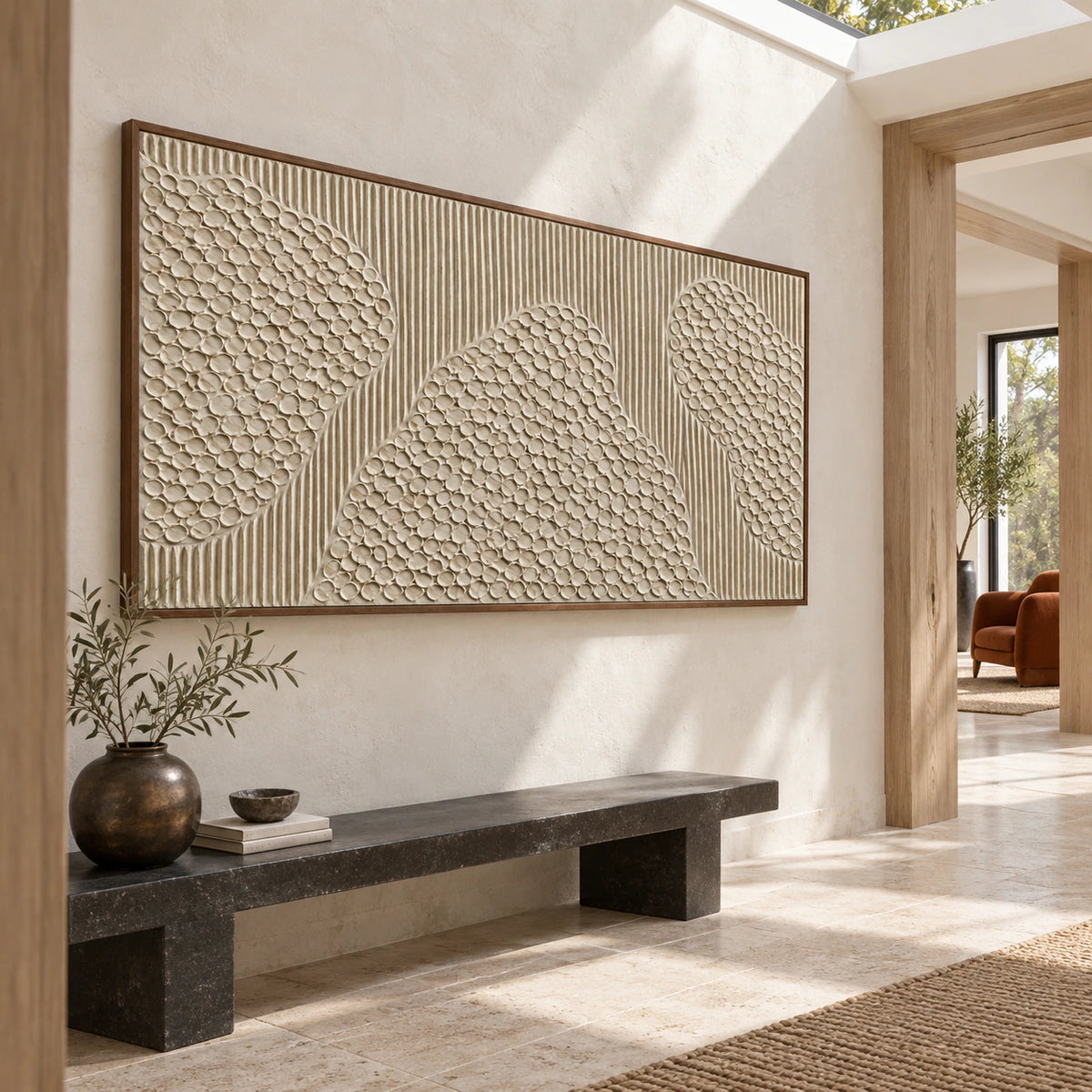 Large off-white textured abstract painting in a gallery-scale stone foyer.