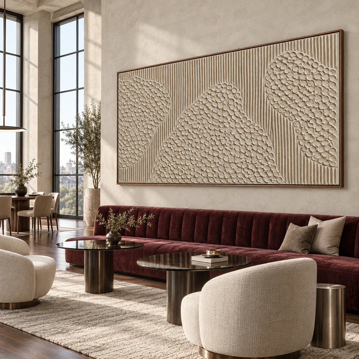 Ivory relief painting as the focal artwork in an expansive loft hospitality interior.