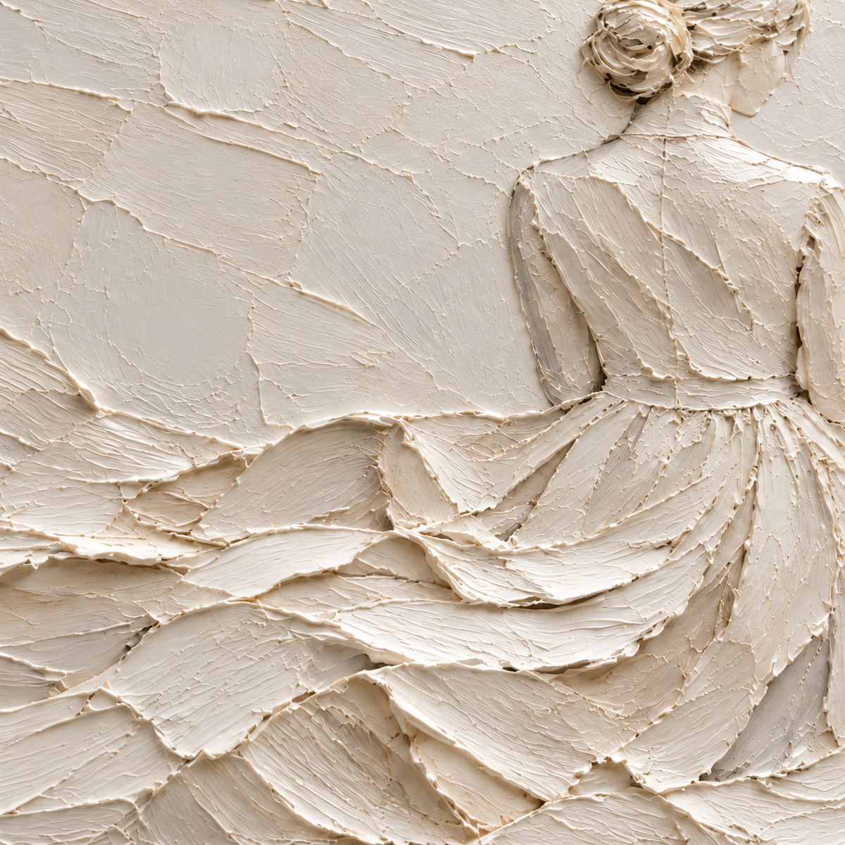 Close detail of Ivory-Reverie from an oblique side angle, with grazing light revealing raised ivory brushwork and shallow shadows.