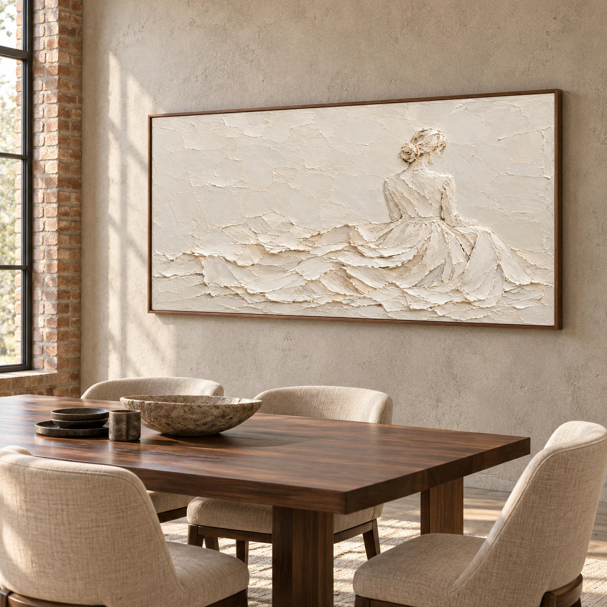 Ivory-Reverie above a dark walnut dining table in a sunlit dining room, viewed from a right angle at standing height.