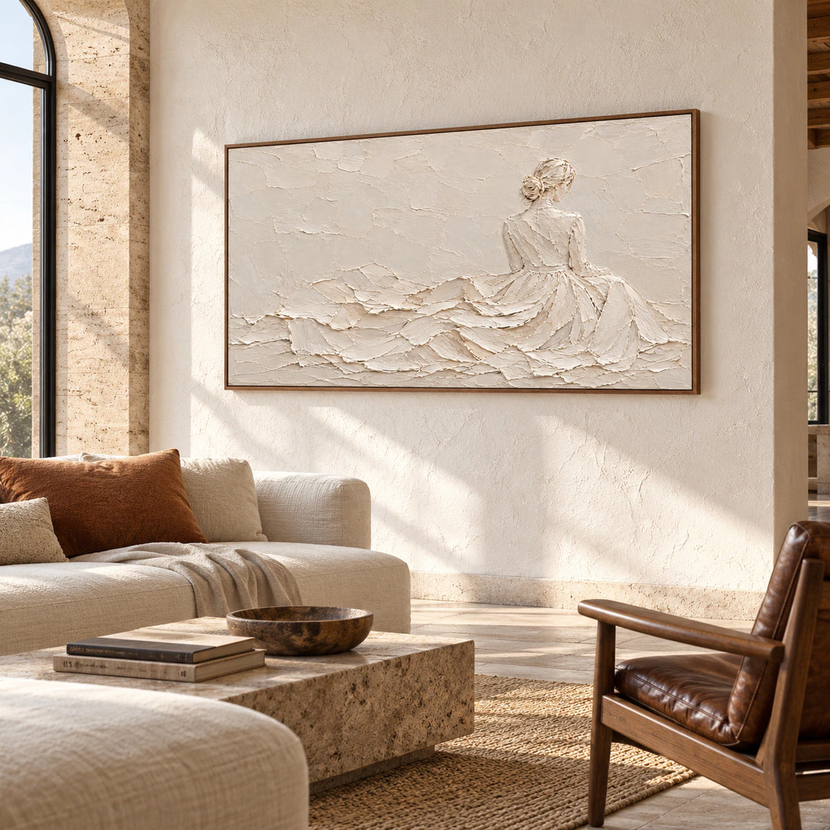 Ivory-Reverie displayed at large scale in a bright hospitality loft with high ceilings, contrasting furniture and varied wall materials, viewed from the right at a slightly elevated angle.