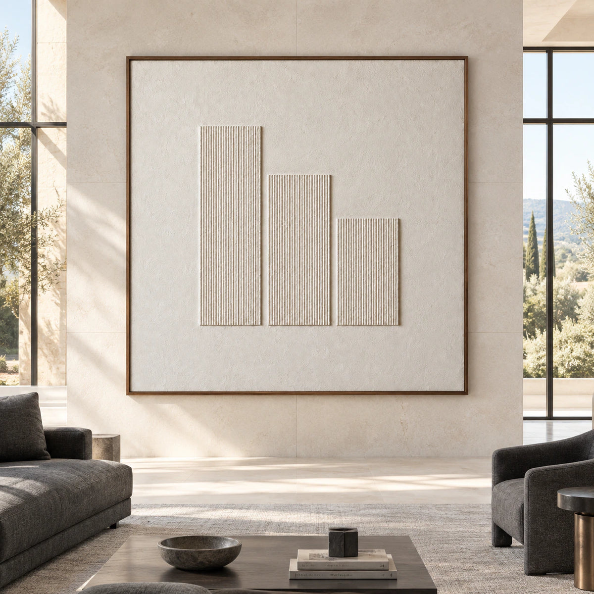 Large ivory relief artwork with three ribbed stepped panels displayed straight-on in a spacious daylight interior.