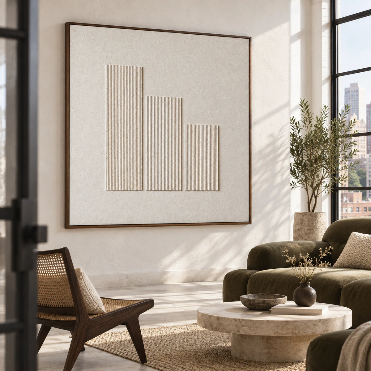 Ivory ribbed relief artwork as the focal point of a bright contemporary living room.