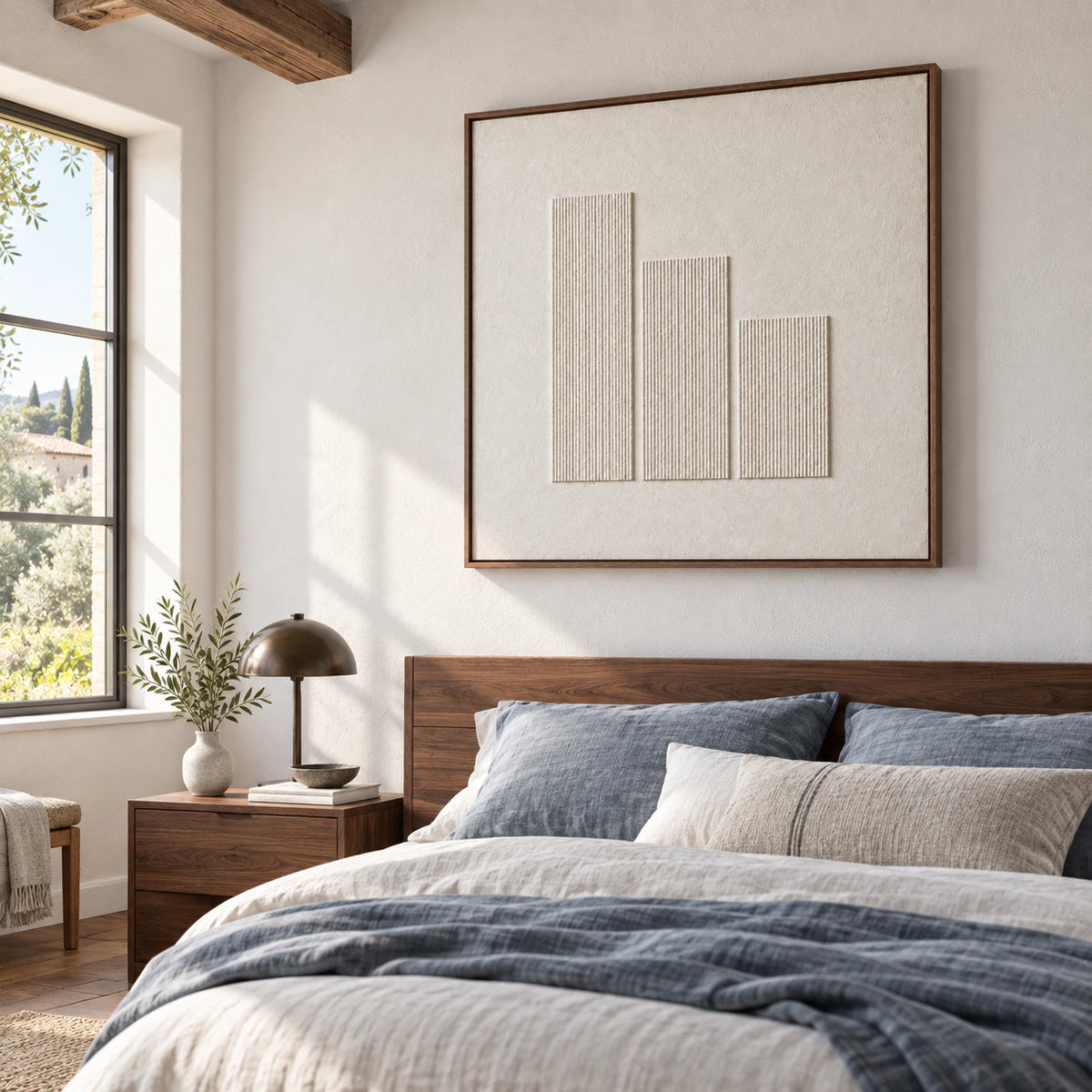 Ivory ribbed relief artwork creating a quiet focal point in a bright bedroom.