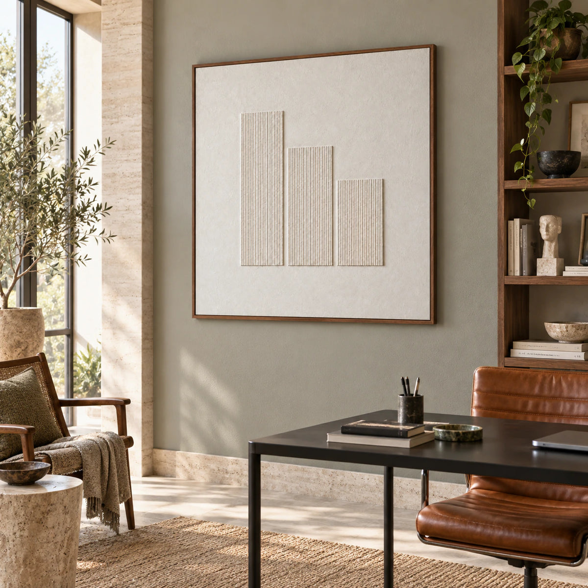 Ivory textured relief artwork displayed in an airy home office reading space.