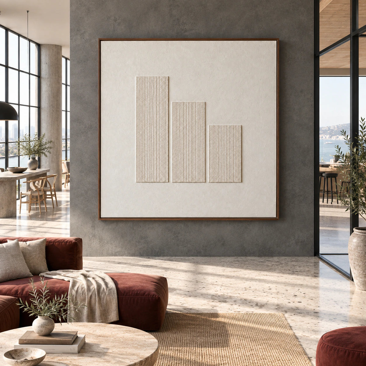 Ivory ribbed relief artwork featured in an expansive, sunlit hospitality loft.