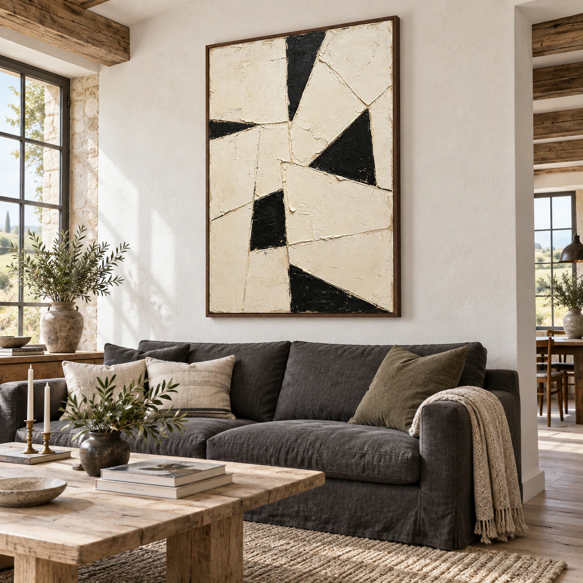 Ivory-Rift above a restrained sofa in a bright contemporary living room.