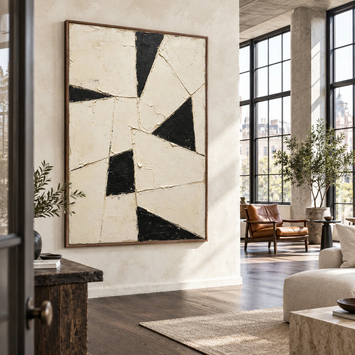 Ivory-Rift as a large focal piece in an expansive loft hospitality interior.