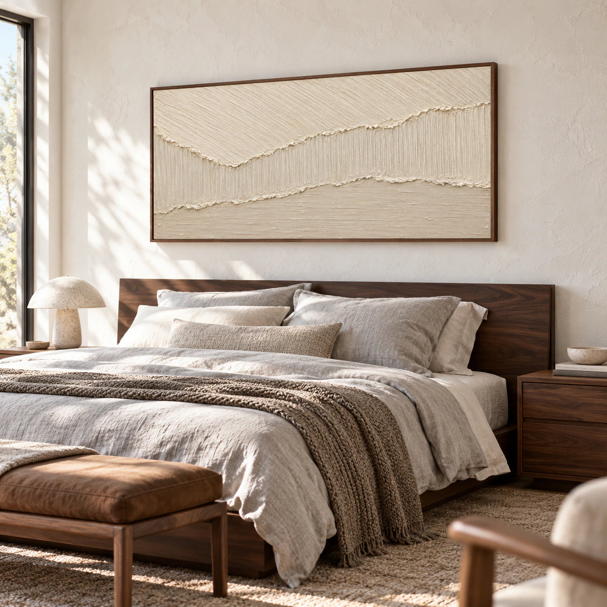 Ivory ridged abstract painting above a low bed in a quiet bedroom with muted linen and natural daylight.