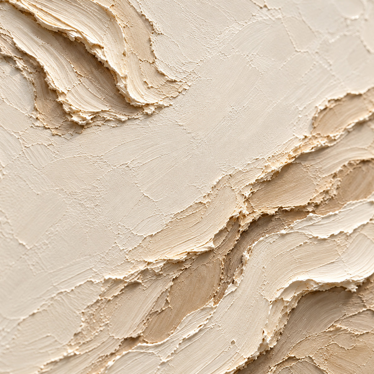 Oblique close-up of ivory and sand oil painting strokes, with grazing light revealing raised paint ridges and shallow shadows.