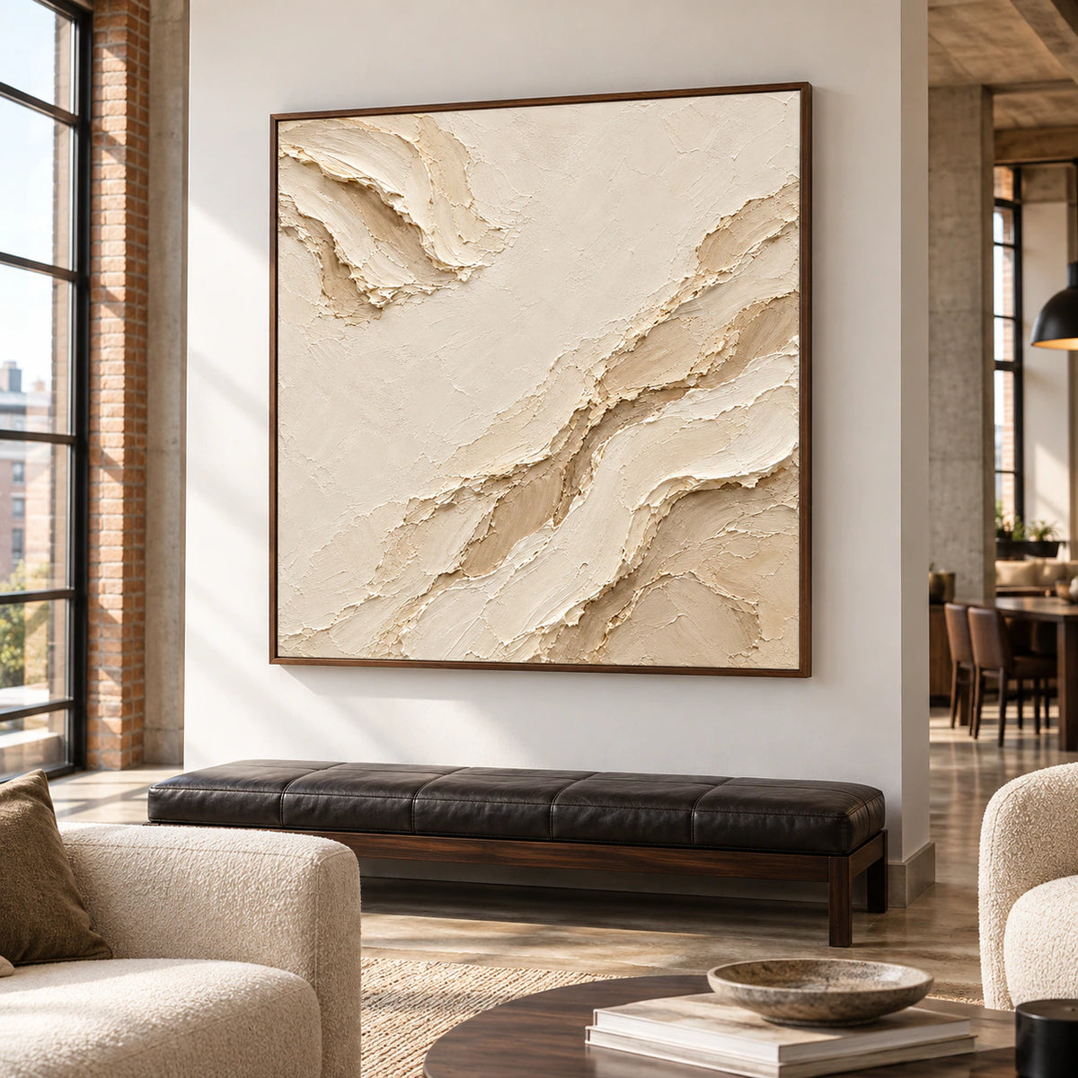 Square ivory and sand abstract painting on a cool white wall in a loft hospitality lounge, with a black leather bench and tall industrial windows, viewed from the right.