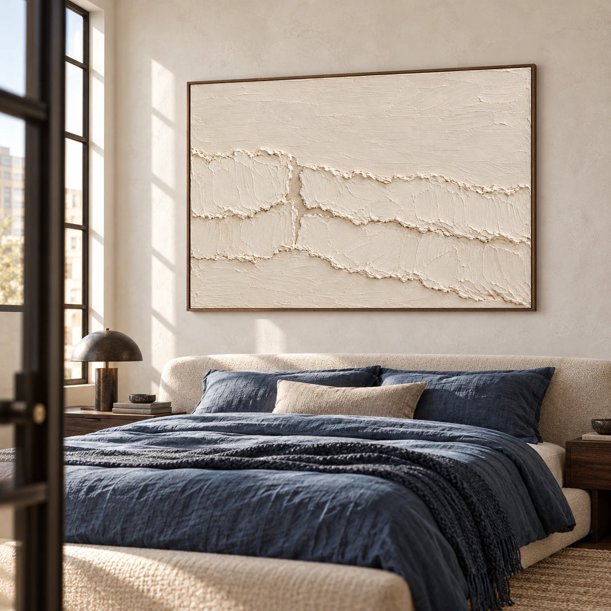 Large ivory abstract painting above a deep blue bed in a quiet, sunlit bedroom.