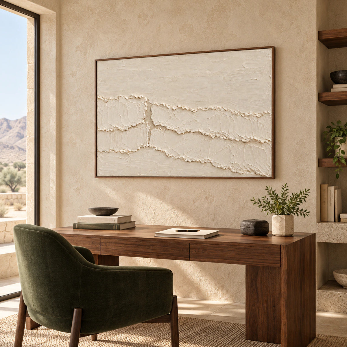 Ivory textured abstract painting above a walnut desk in an airy home office with generous daylight.