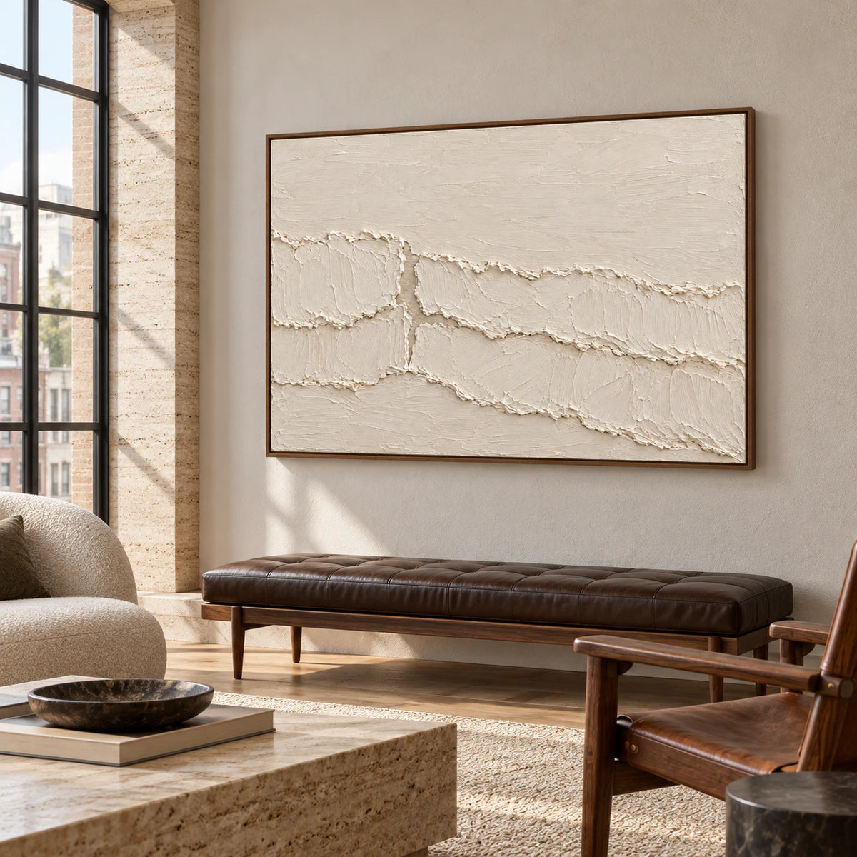 Ivory textured abstract painting displayed at large scale in an expansive loft interior with steel windows and restrained furnishings.