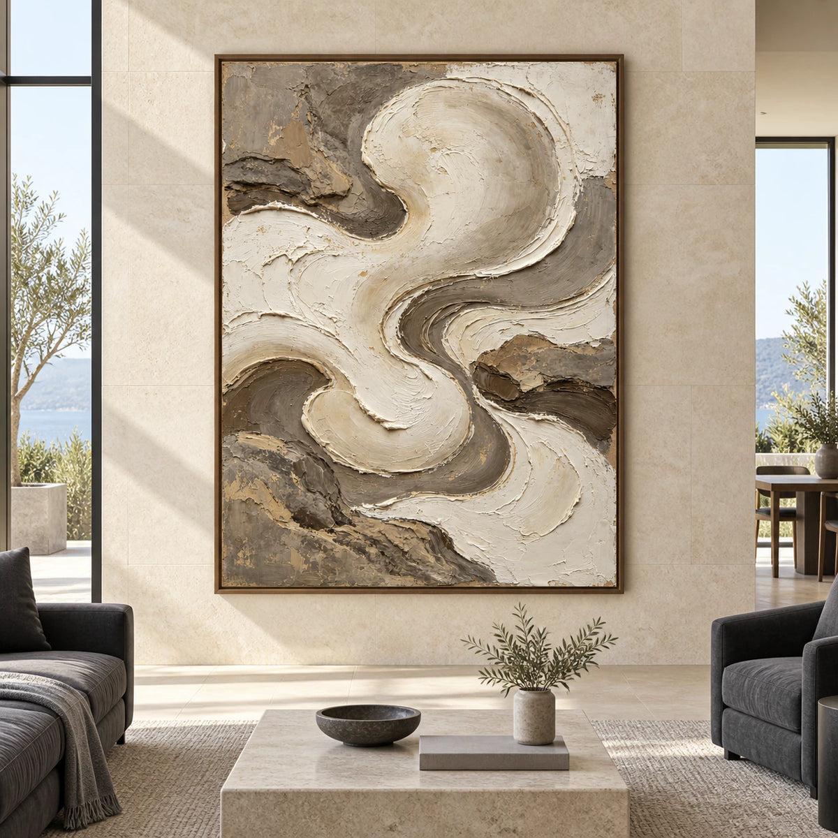 Large Ivory-Undertow painting displayed straight-on in a spacious sunlit architectural living area.