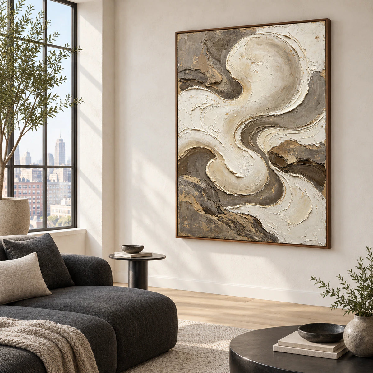Ivory-Undertow as the focal artwork in a bright contemporary living room.