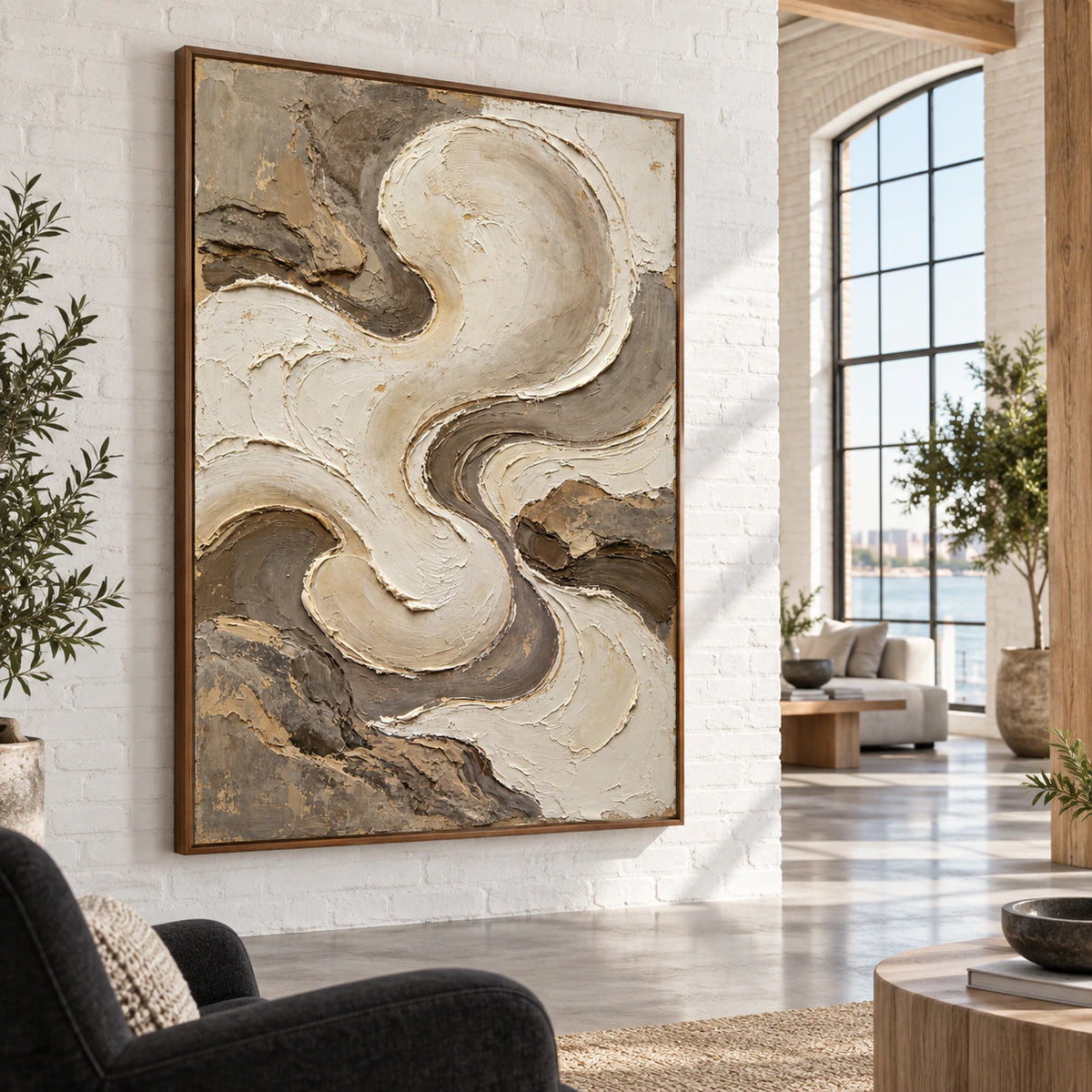 Ivory-Undertow as a large focal work in an expansive loft hospitality interior.