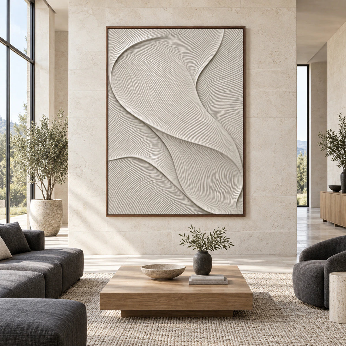 Large ivory ridged abstract artwork displayed straight-on in a bright, spacious architectural living room.