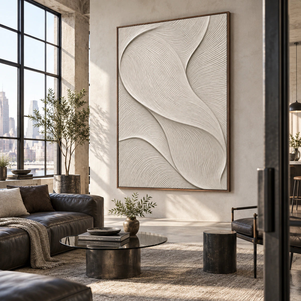 Ivory flowing textured artwork displayed at large scale in an open hospitality loft interior.