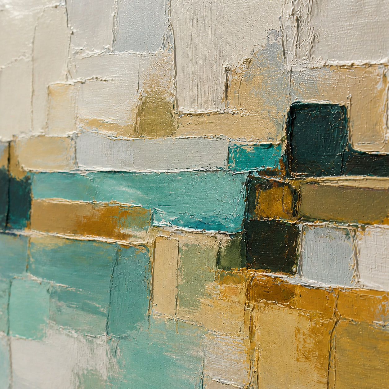 Lagoon-Masonry oil painting brushwork and impasto detail photographed from an oblique side angle