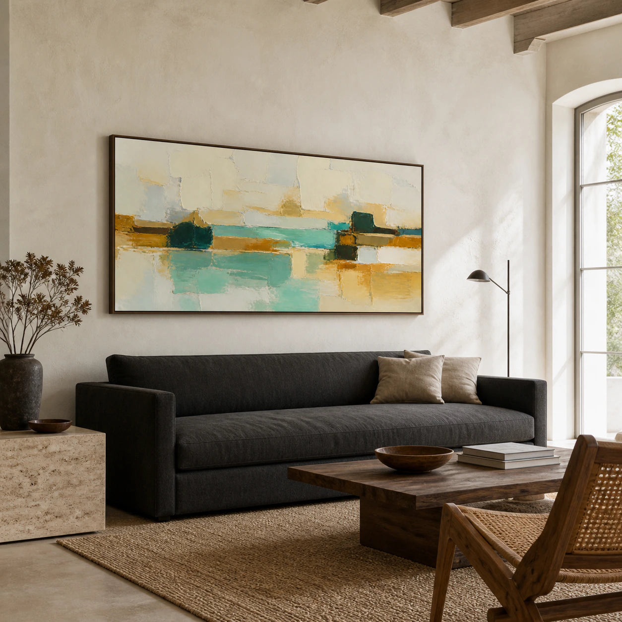 Lagoon-Masonry above a contemporary sofa in a bright natural-light living room.