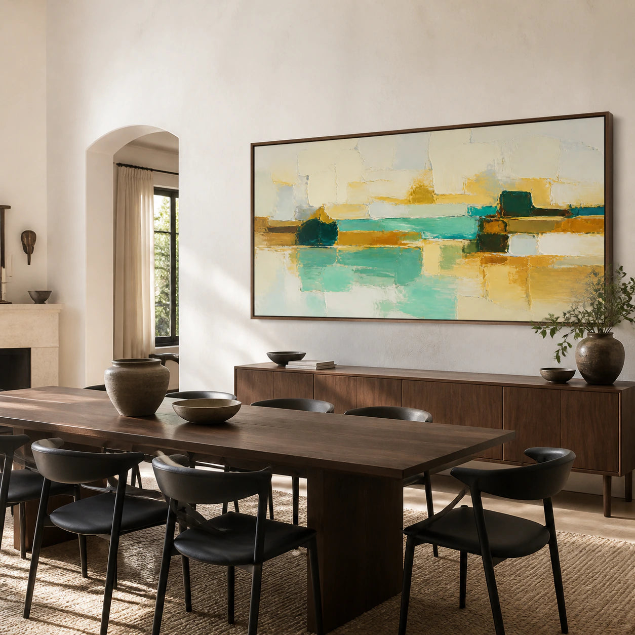 Lagoon-Masonry as the focal point of a refined sunlit dining room.