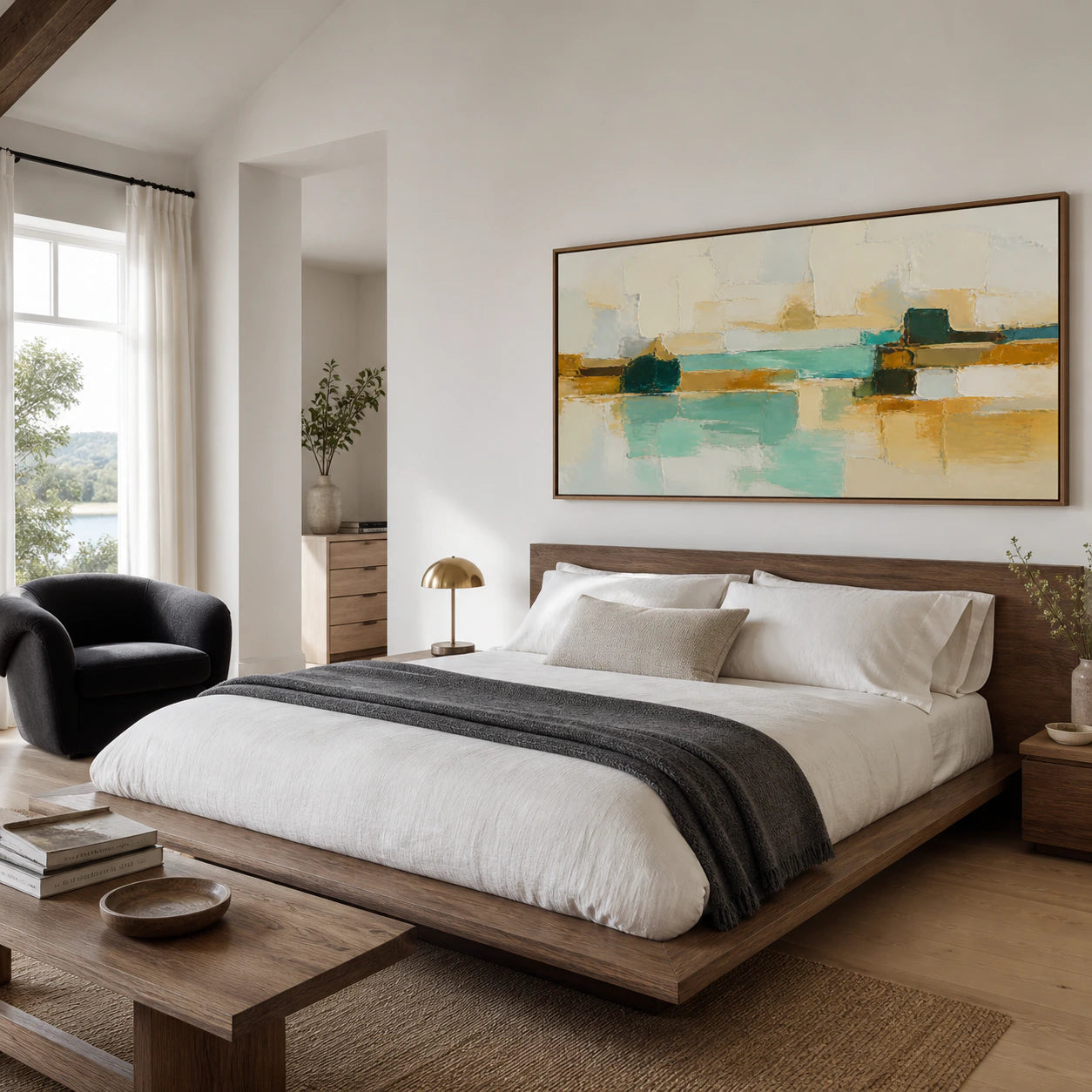 Lagoon-Masonry above a low bed in a quiet, light-filled bedroom.
