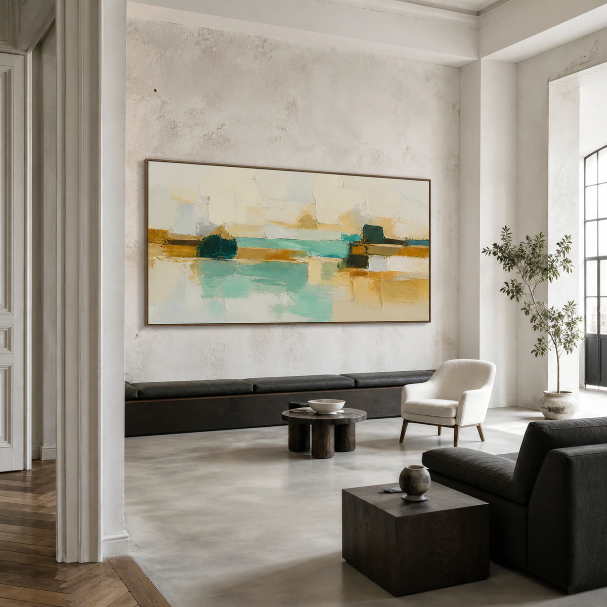 Lagoon-Masonry anchoring an expansive daylight-filled hospitality loft interior.