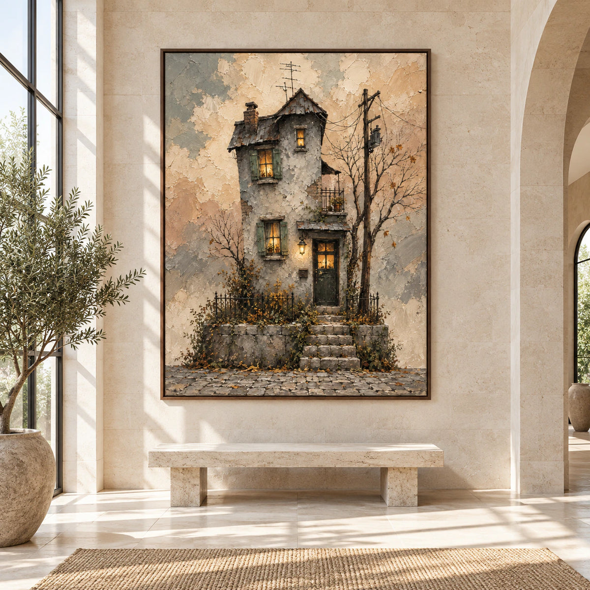 Large straight-on gallery view featuring the vertical cottage painting at monumental scale.