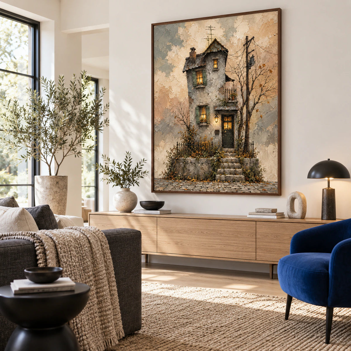 Bright living room with the vertical cottage painting as the central wall artwork.