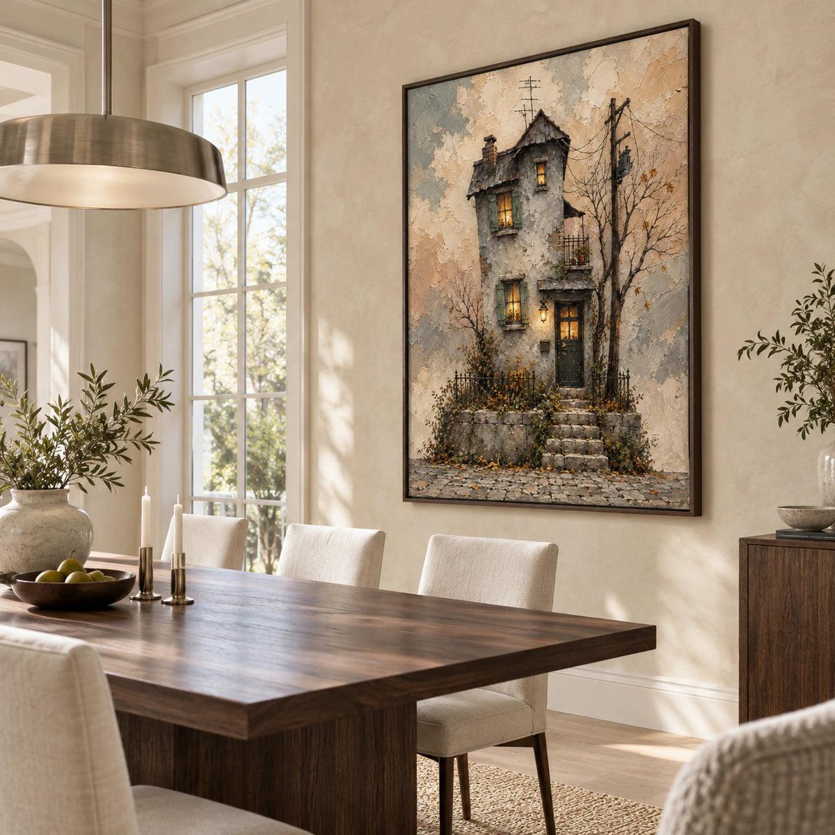 Refined dining room featuring the large vertical cottage painting.