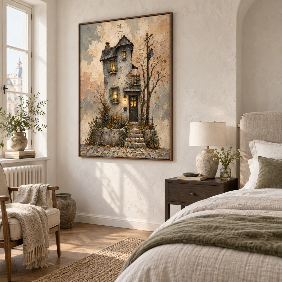Quiet bedroom with the cottage painting displayed prominently above a restrained furnishing arrangement.