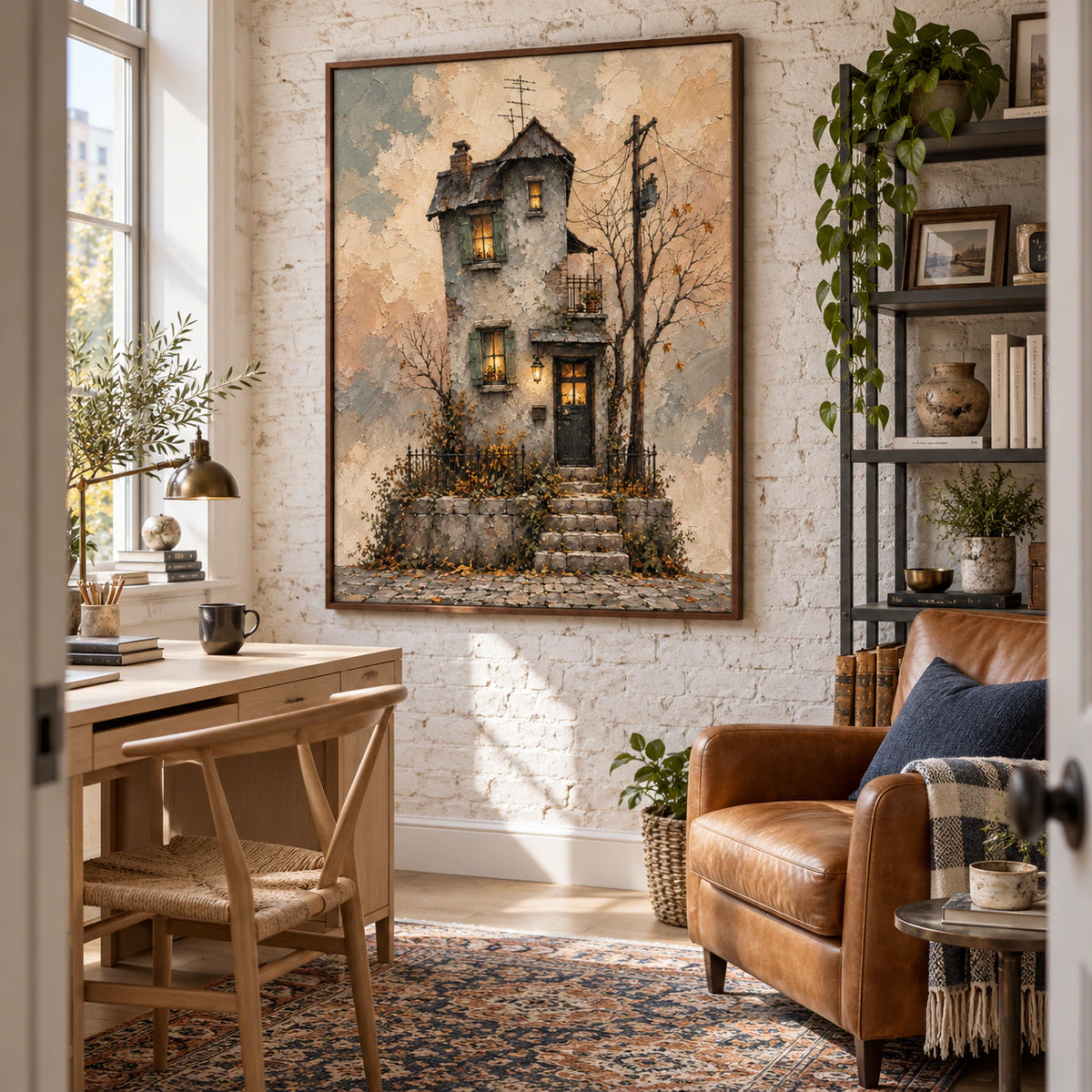 Airy reading space with the large cottage painting as its focal artwork.