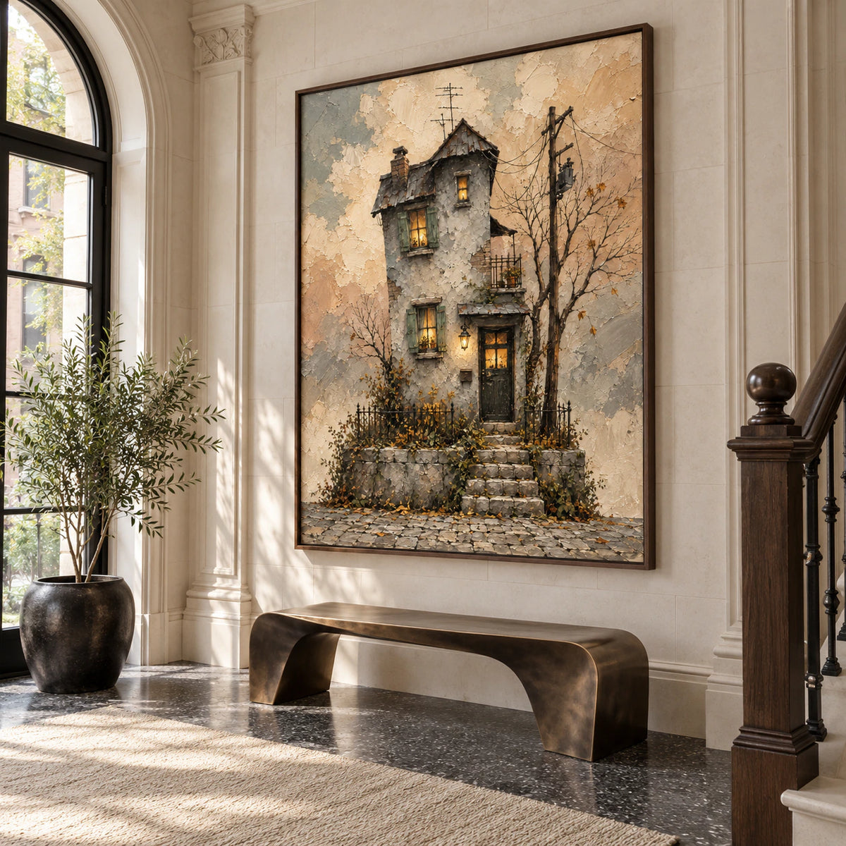 Gallery-scale foyer featuring the vertical cottage painting at an impressive scale.