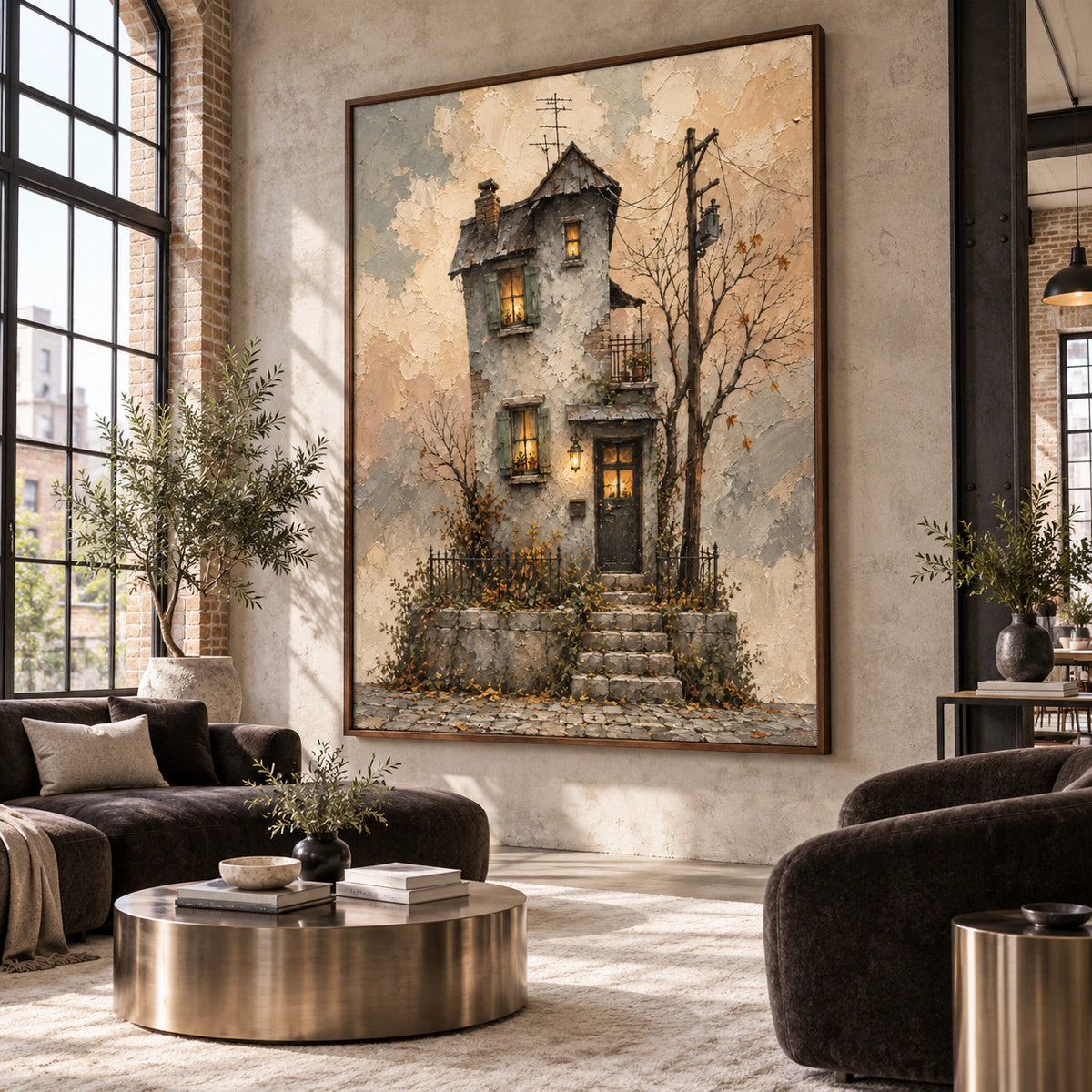Expansive loft hospitality interior centered on the large cottage painting.