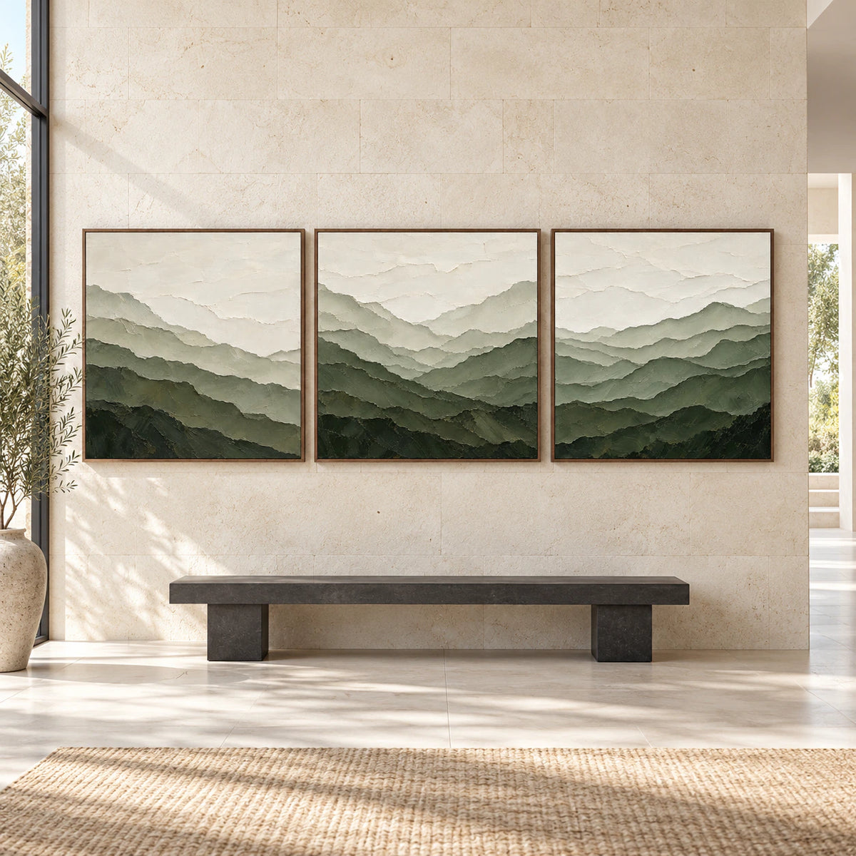 Large straight-on gallery view of the Lichen-Ascent three-canvas mountain triptych in slim walnut frames.
