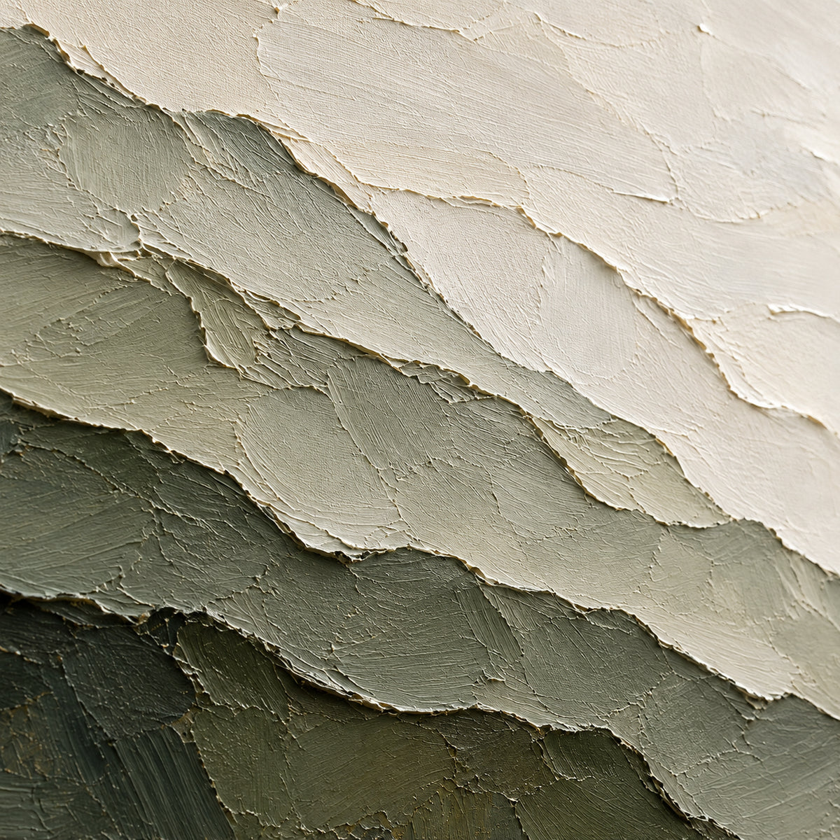 Lichen-Ascent oil painting brushwork and impasto detail photographed from an oblique side angle
