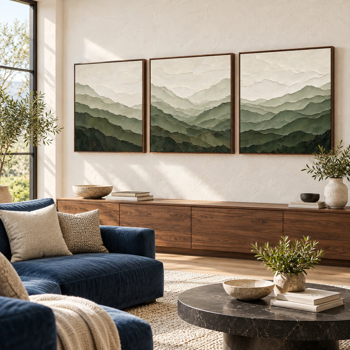 Lichen-Ascent triptych above a bright living room seating arrangement.