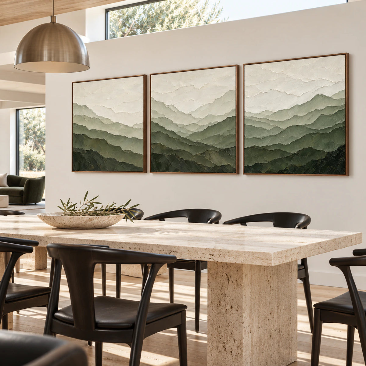 Lichen-Ascent three-canvas triptych in a refined daylight dining room.