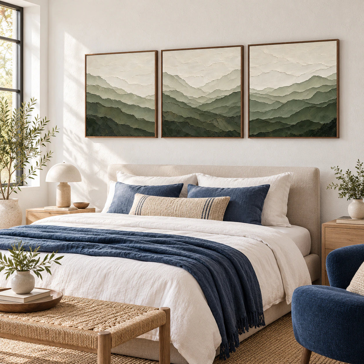 Lichen-Ascent triptych above a quiet, light-filled bedroom setting.