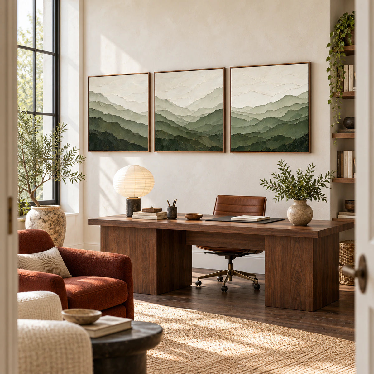 Lichen-Ascent triptych in an airy home office reading space.