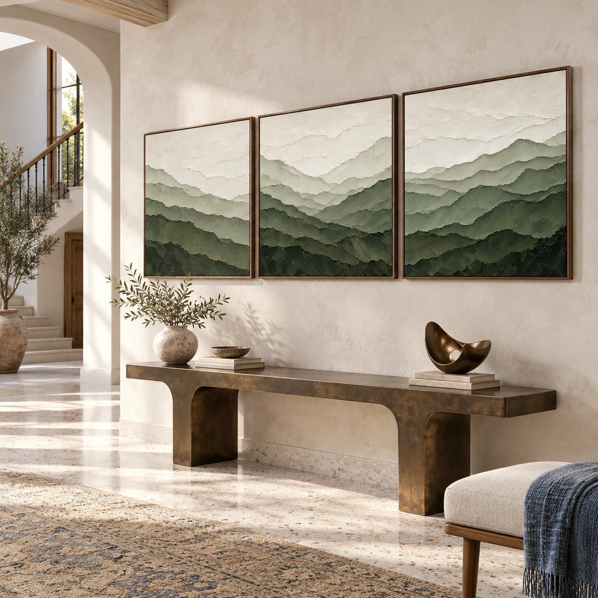 Lichen-Ascent triptych displayed at gallery scale in a spacious foyer.