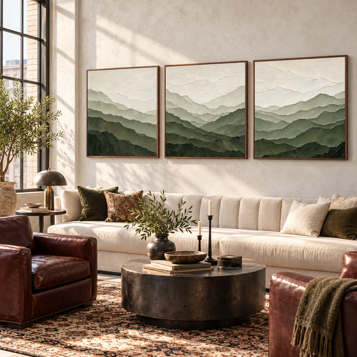 Lichen-Ascent triptych as the focal artwork in an expansive loft hospitality interior.